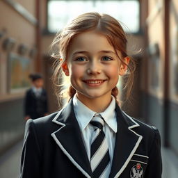 An ultra-realistic portrait of a young girl with the face reminiscent of Rachel Leigh Cook at 10 years old