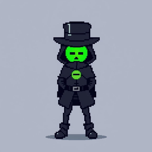 A pixel art character in a stylish black outfit with a cloak and a top hat, standing with their hands behind their back and looking down