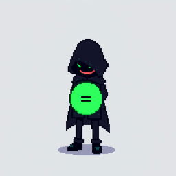 A pixel art character in a stylish black outfit with a cloak and a top hat, standing with their hands behind their back and looking down