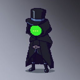 A pixel art character in a stylish black outfit with a cloak and a top hat, standing with their hands behind their back and looking down