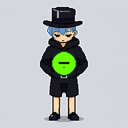 A pixel art character in a stylish black outfit with a cloak and a top hat, standing with their hands behind their back and looking down