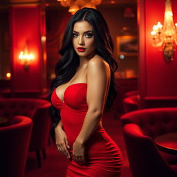 A beautiful, alluring woman in an elegant and seductive pose, wearing a stylish, form-fitting red dress that accentuates her curves