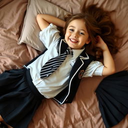 A girl in a school uniform that consists of black patent leather shoes with straps, white knee socks, a white blouse with a perfectly fitting collar, a black and white striped tie, a black buttoned blazer with white piping and an emblem on the chest, and a black pleated skirt