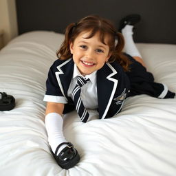 A girl in a school uniform that consists of black patent leather shoes with straps, white knee socks, a white blouse with a perfectly fitting collar, a black and white striped tie, a black buttoned blazer with white piping and an emblem on the chest, and a black pleated skirt