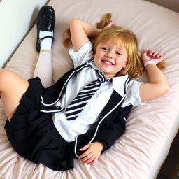 A girl in a school uniform that consists of black patent leather shoes with straps, white knee socks, a white blouse with a perfectly fitting collar, a black and white striped tie, a black buttoned blazer with white piping and an emblem on the chest, and a black pleated skirt