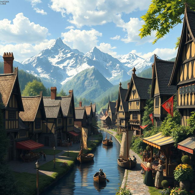 A Dungeons & Dragons themed fantasy scene depicting a Tudor style merchant town situated along a river