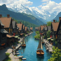 A Dungeons & Dragons themed fantasy scene depicting a Tudor style merchant town situated along a river