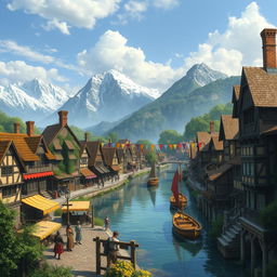 A Dungeons & Dragons themed fantasy scene depicting a Tudor style merchant town situated along a river
