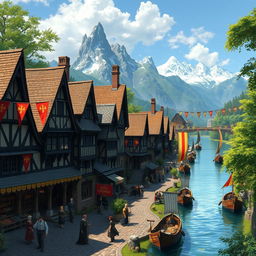 A Dungeons & Dragons themed fantasy scene depicting a Tudor style merchant town situated along a river