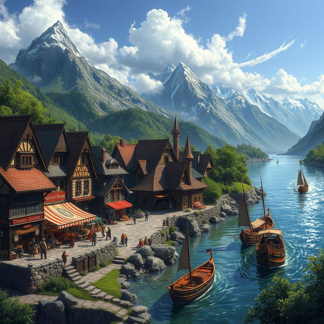 A Dungeons & Dragons fantasy scene showcasing a picturesque merchant town located by a shimmering river