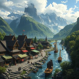 A Dungeons & Dragons fantasy scene showcasing a picturesque merchant town located by a shimmering river