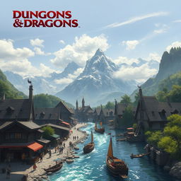 A Dungeons & Dragons fantasy scene showcasing a picturesque merchant town located by a shimmering river