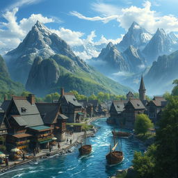 A Dungeons & Dragons fantasy scene showcasing a picturesque merchant town located by a shimmering river