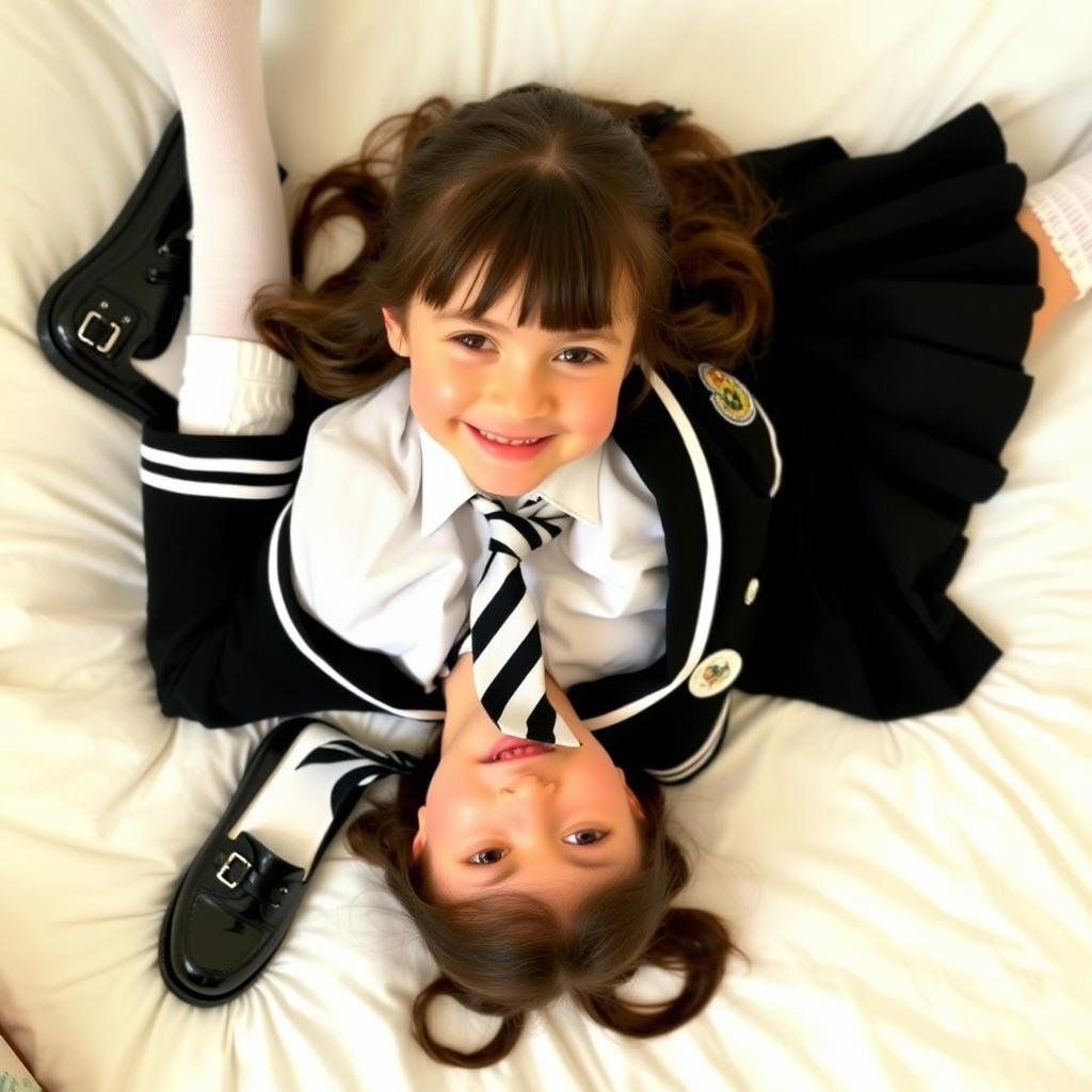 A girl in a school uniform featuring black patent leather shoes with straps, white knee socks, a white blouse with a perfectly fitting collar, a black and white striped tie, a black buttoned blazer with white piping and an emblem on the chest, along with a black pleated skirt