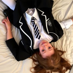 A girl in a school uniform featuring black patent leather shoes with straps, white knee socks, a white blouse with a perfectly fitting collar, a black and white striped tie, a black buttoned blazer with white piping and an emblem on the chest, along with a black pleated skirt