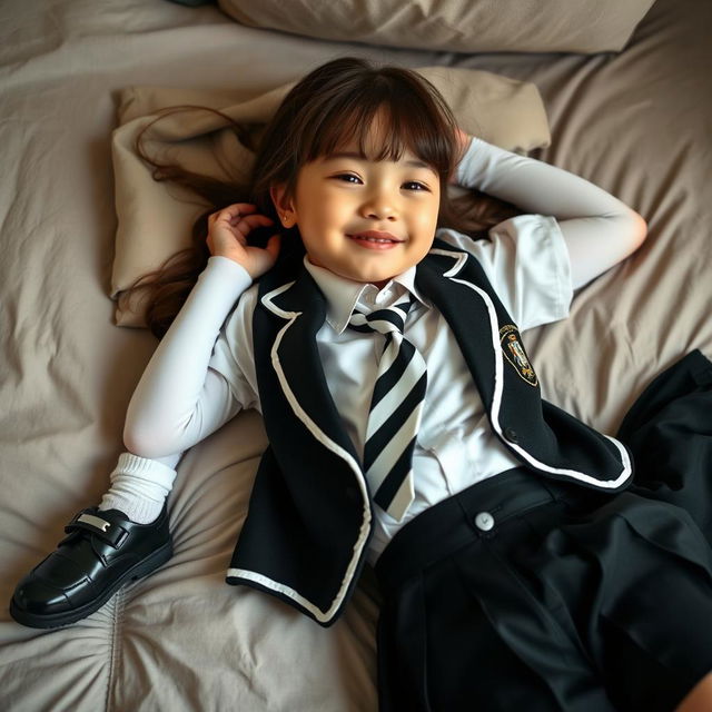 A girl in a school uniform featuring black patent leather shoes with straps, white knee socks, a white blouse with a perfectly fitting collar, a black and white striped tie, a black buttoned blazer with white piping and an emblem on the chest, along with a black pleated skirt