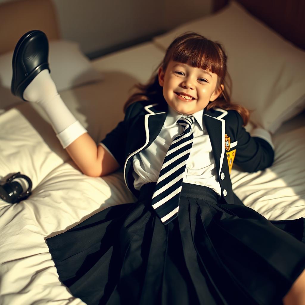 A girl in a school uniform featuring black patent leather shoes with straps, white knee socks, a white blouse with a perfectly fitting collar, a black and white striped tie, a black buttoned blazer with white piping and an emblem on the chest, and a black pleated skirt