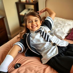 A girl in a school uniform featuring black patent leather shoes with straps, white knee socks, a white blouse with a perfectly fitting collar, a black and white striped tie, a black buttoned blazer with white piping and an emblem on the chest, and a black pleated skirt
