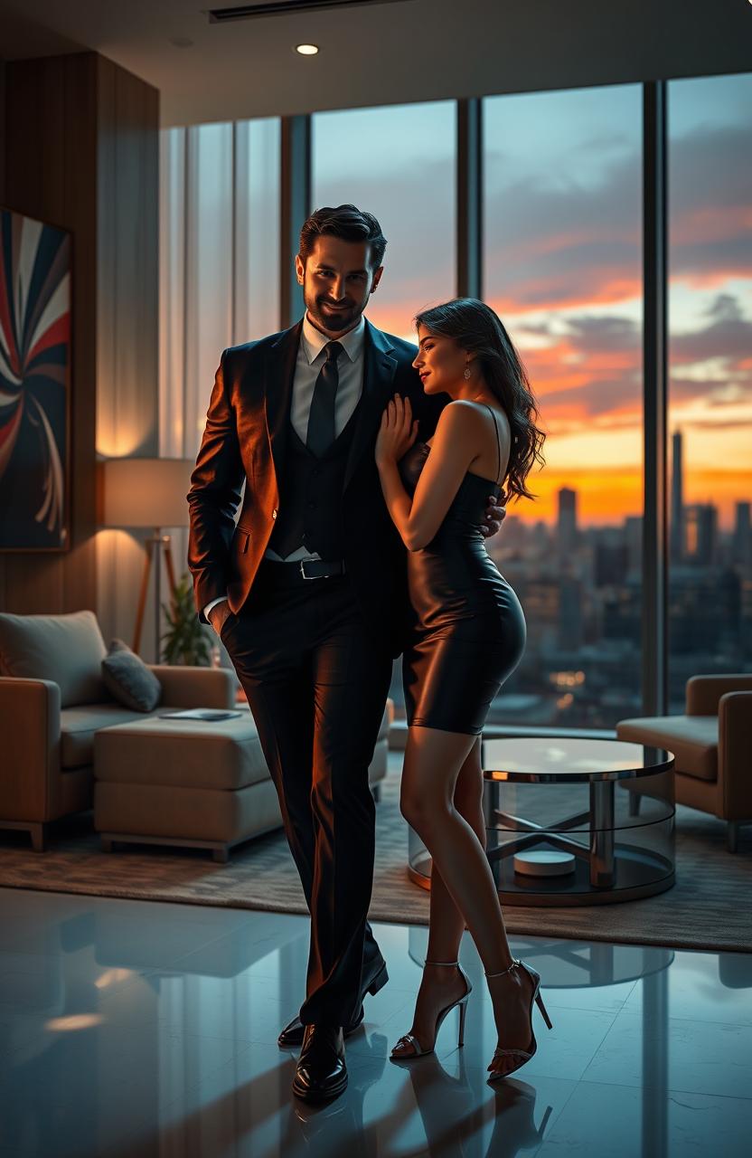 A romantic scene depicting a hot, ruthless boss with a strong and charismatic presence, standing confidently in a luxurious office