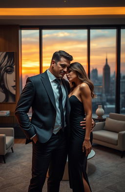 A romantic scene depicting a hot, ruthless boss with a strong and charismatic presence, standing confidently in a luxurious office