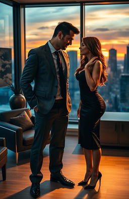 A romantic scene depicting a hot, ruthless boss with a strong and charismatic presence, standing confidently in a luxurious office