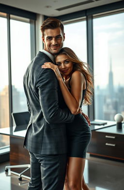 A romantic scene featuring a hot ruthless boss and his female employee, set in a stylish modern office