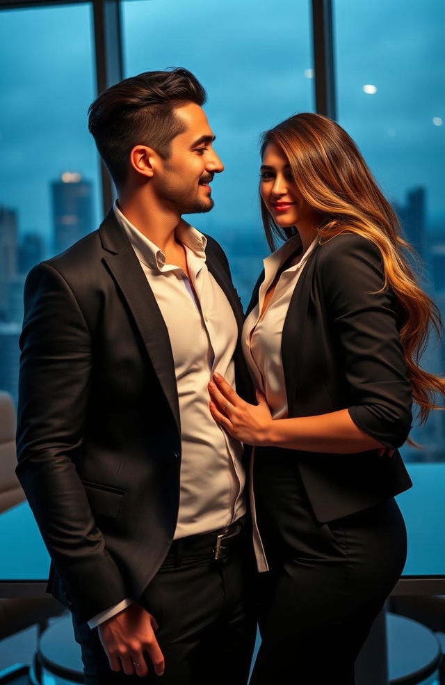 A romantic scene featuring a hot ruthless boss and his female employee, set in a stylish modern office