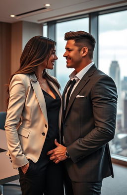 A romantic scene featuring a hot ruthless boss and his female employee, set in a stylish modern office