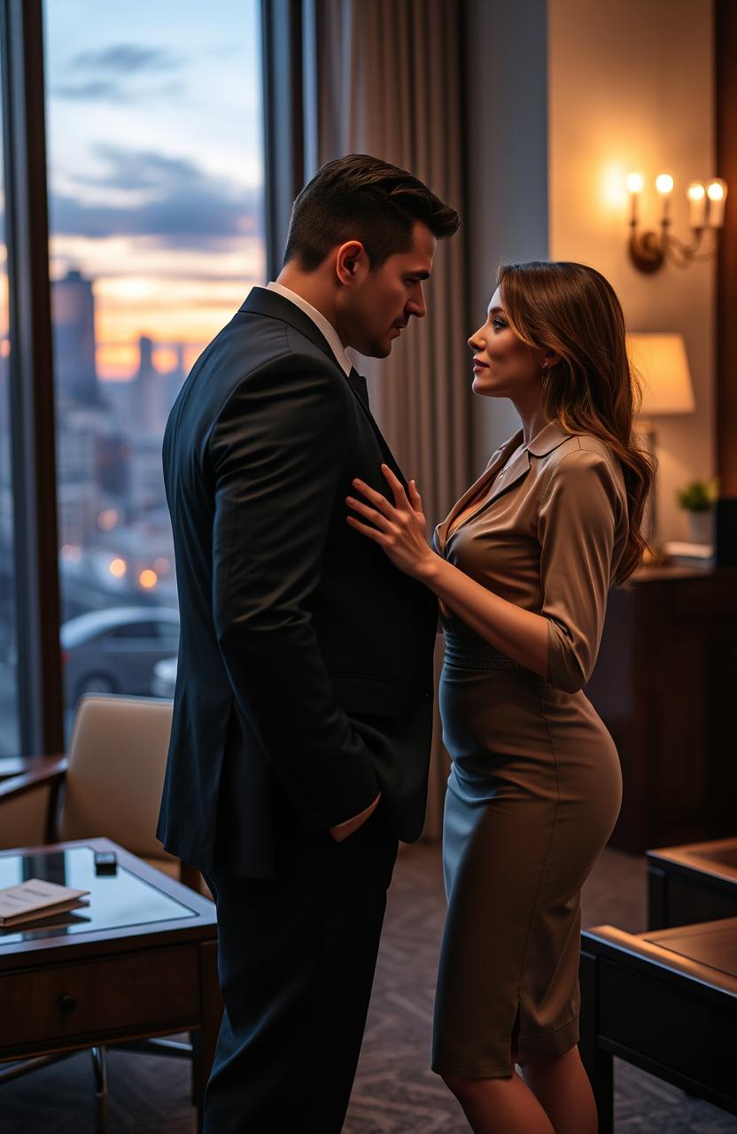 A romantic scene featuring a serious, attractive boss exuding a ruthless demeanor, while engaged in an intimate conversation with his female employee