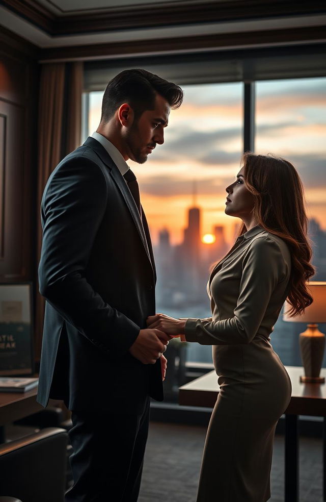 A romantic scene featuring a serious, attractive boss exuding a ruthless demeanor, while engaged in an intimate conversation with his female employee