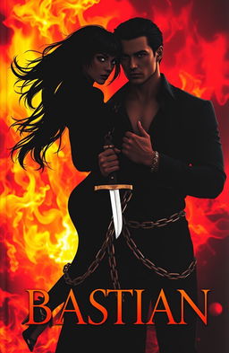 A book cover featuring two striking silhouettes against a dramatic fiery backdrop of flames in vibrant shades of red, yellow, and gold