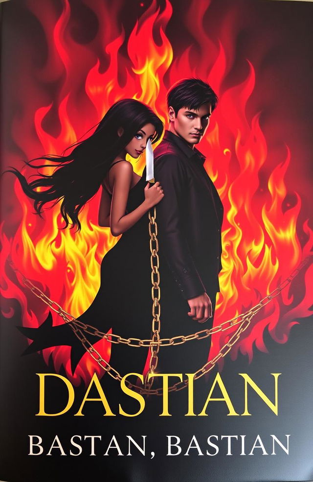 A book cover featuring two striking silhouettes against a dramatic fiery backdrop of flames in vibrant shades of red, yellow, and gold