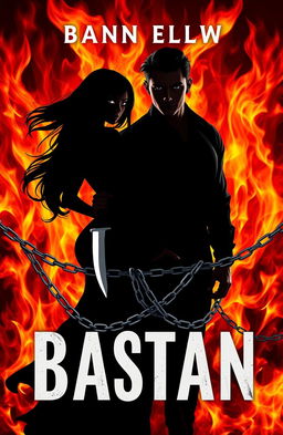 A book cover featuring two striking silhouettes against a dramatic fiery backdrop of flames in vibrant shades of red, yellow, and gold