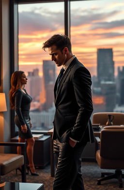 A romantic scene depicting a serious and attractive boss with a powerful presence, standing confidently in an elegantly designed office