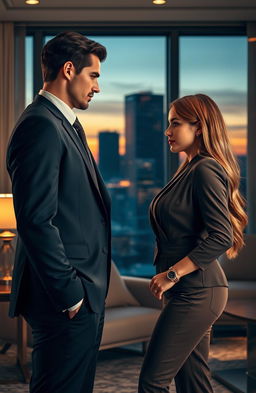 A romantic scene depicting a serious and attractive boss with a powerful presence, standing confidently in an elegantly designed office