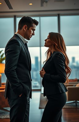 A romantic scene featuring a serious, attractive, and ruthless male boss in a sleek office setting