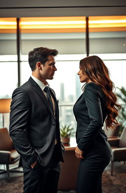 A romantic scene featuring a serious, attractive, and ruthless male boss in a sleek office setting