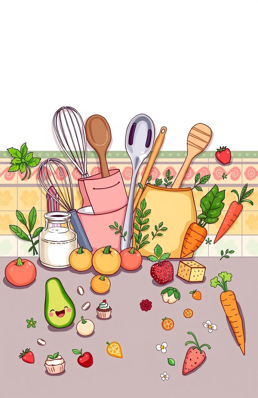 A whimsical illustration featuring various culinary tools including whisks, spoons, and aprons, artfully arranged alongside playful mini foods like fruits, cupcakes, and herbs