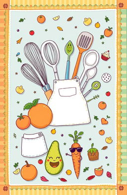 A whimsical illustration featuring various culinary tools including whisks, spoons, and aprons, artfully arranged alongside playful mini foods like fruits, cupcakes, and herbs