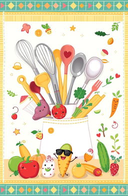 A whimsical illustration featuring various culinary tools including whisks, spoons, and aprons, artfully arranged alongside playful mini foods like fruits, cupcakes, and herbs