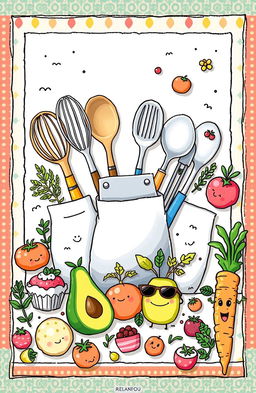 A whimsical illustration featuring various culinary tools including whisks, spoons, and aprons, artfully arranged alongside playful mini foods like fruits, cupcakes, and herbs