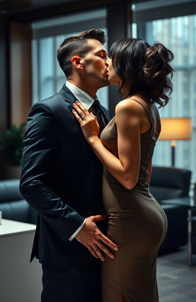 A romantic scene depicting a serious, attractive, and ruthless boss sharing a passionate kiss with his female employee