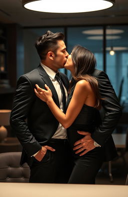 A romantic scene depicting a serious, attractive, and ruthless boss sharing a passionate kiss with his female employee