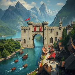 A fantasy medieval Dungeons & Dragons town set on both sides of a wide, shimmering river, with a grand stone gate serving as a majestic checkpoint for all visitors