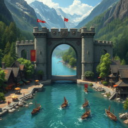 A fantasy medieval Dungeons & Dragons town set on both sides of a wide, shimmering river, with a grand stone gate serving as a majestic checkpoint for all visitors