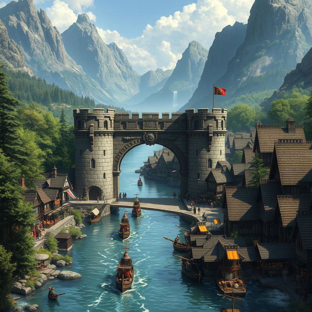 A fantasy medieval Dungeons & Dragons town set on both sides of a wide, shimmering river, with a grand stone gate serving as a majestic checkpoint for all visitors