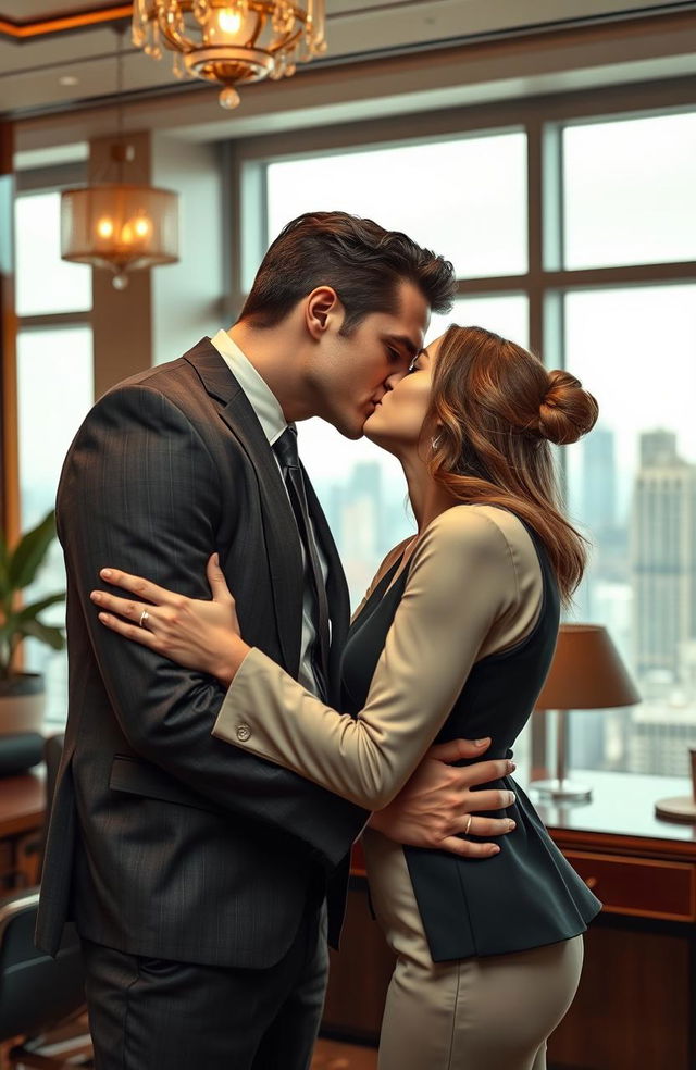 A romantic scene depicting a serious and attractive male boss who has a ruthless demeanor, passionately kissing his female employee in an elegant office setting