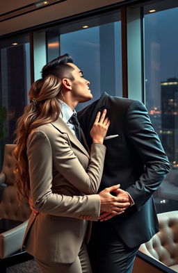 A romantic scene depicting a serious and attractive male boss who has a ruthless demeanor, passionately kissing his female employee in an elegant office setting