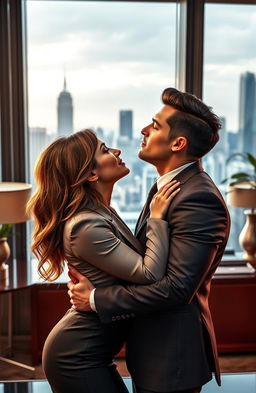 A romantic scene depicting a serious and attractive male boss who has a ruthless demeanor, passionately kissing his female employee in an elegant office setting