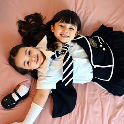 A girl in a school uniform featuring black patent leather shoes with straps, white knee socks, a white blouse with a perfectly fitting collar, a black and white striped tie, a black buttoned blazer with white piping and an emblem on the chest, and a black pleated skirt